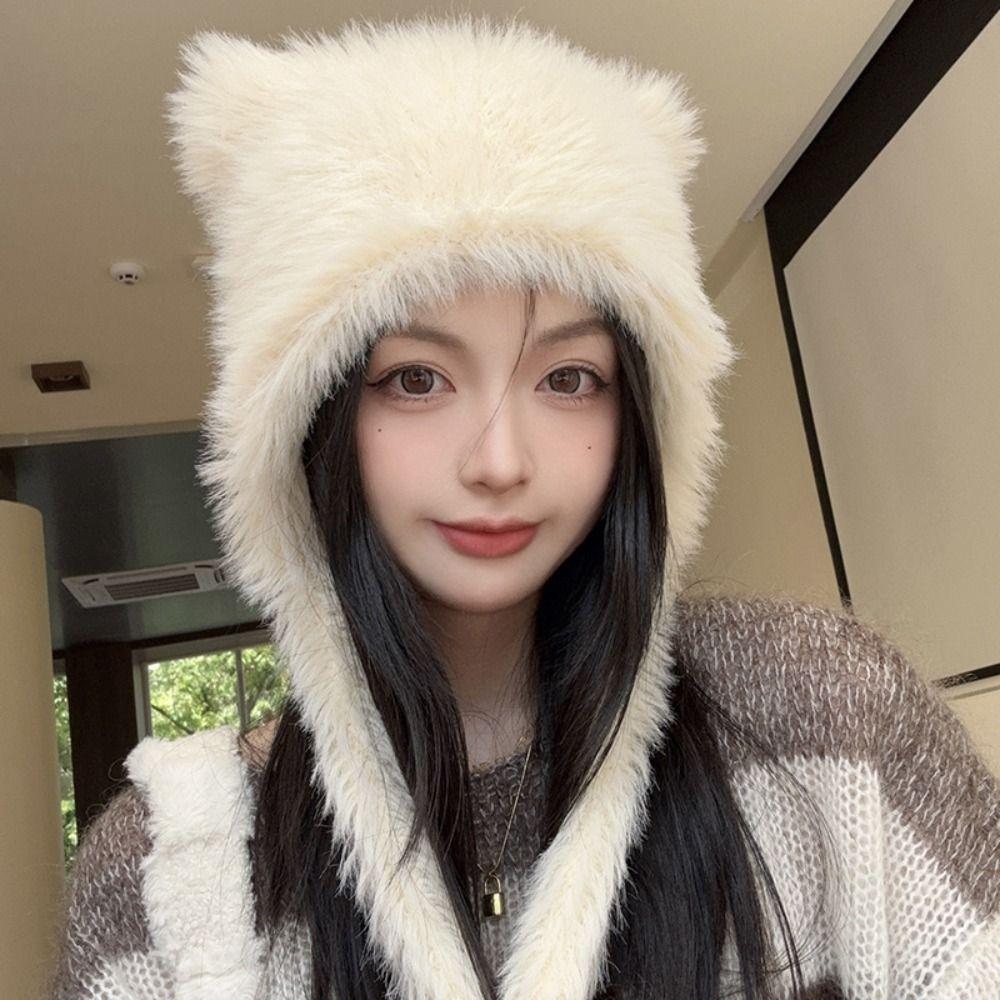 Solid Color Beanies Cap Windproof Women Earmuffs Cap Cute Winter Bear Ears Hat
