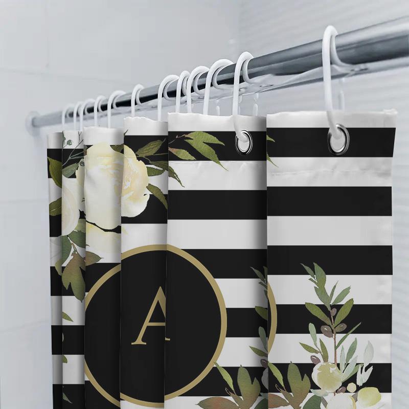 Weißer Rosen Duschvorhang mit Gold-Monogramm-Dekor Streifen Home Badezimmerzubehör Für Kinderzimmer Dekoration Geschenkidee