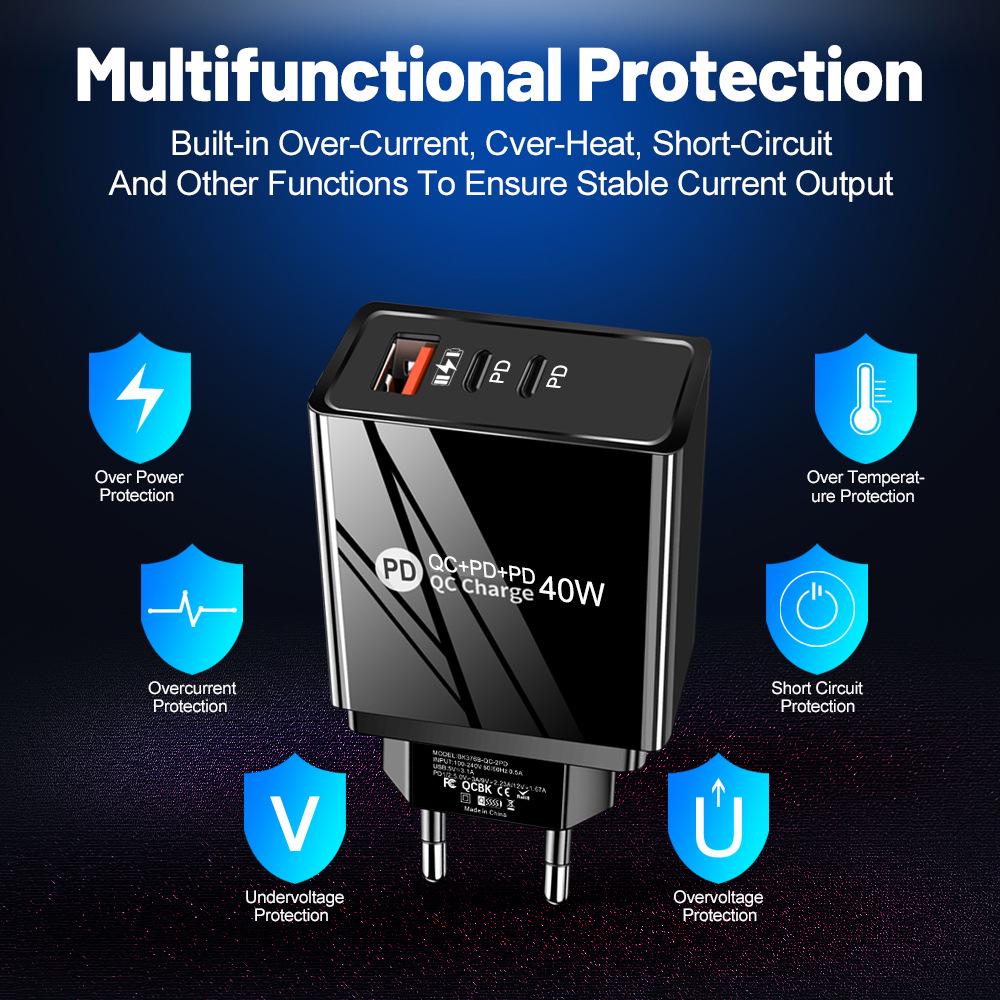 2.4A Dual USB & PD Type-C EU/US LED Travel Charger for Mobile Phones