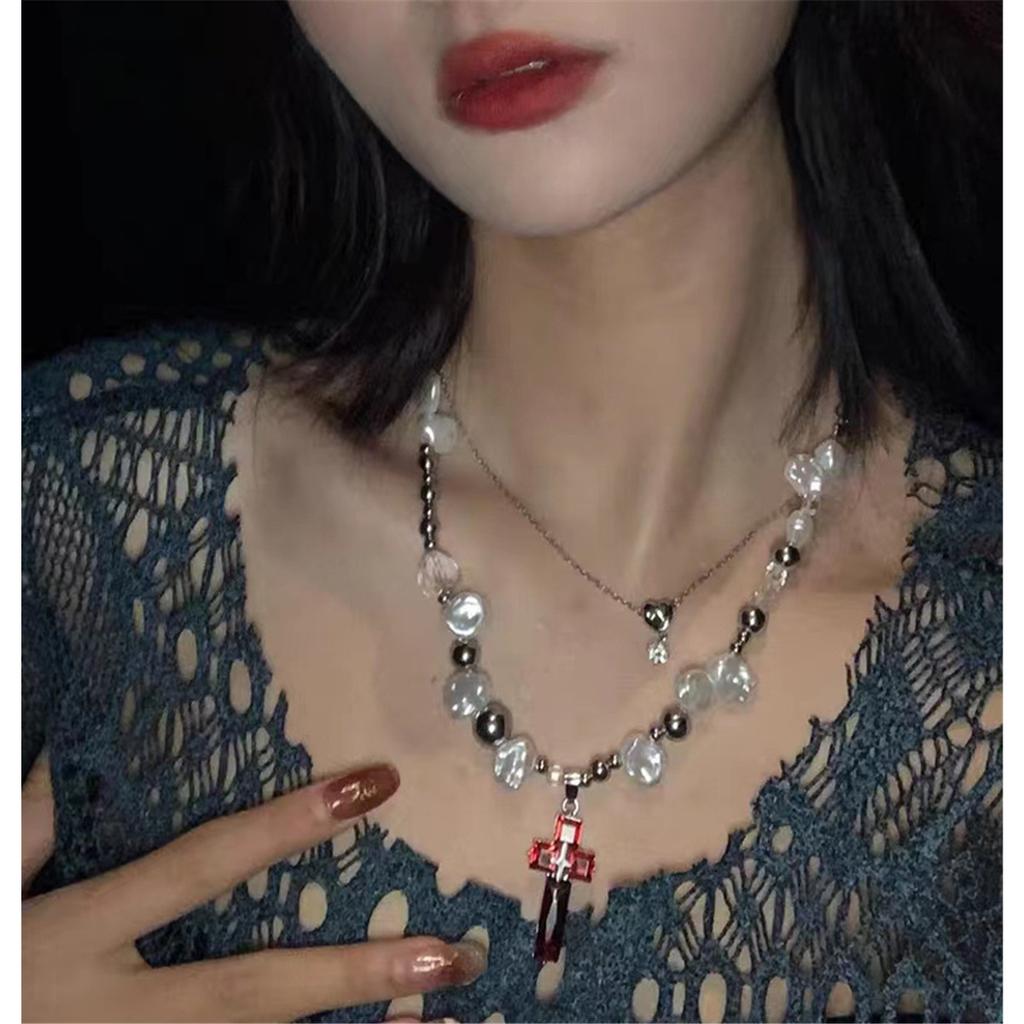Tooxika Sweet Cool Hottie Pearl Cross Necklace Men's And Women's Hip Hop Personalised Dark Collarbone Chain