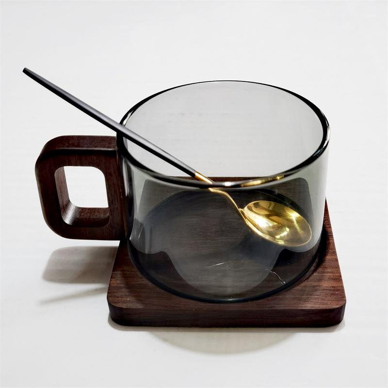 

200ml Fresh Ground Latte Glass Coffee Mug With Wooden Tray Spoon Heat-resistant Breakfast Milk Tea Mug American Coffee Cup 200ML