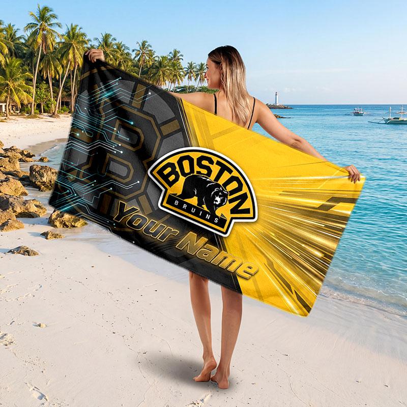 Boston Bruins Customized Name Text Beach Towel, Soft Absorbent Towel Beach Pool Travel Personal Gift