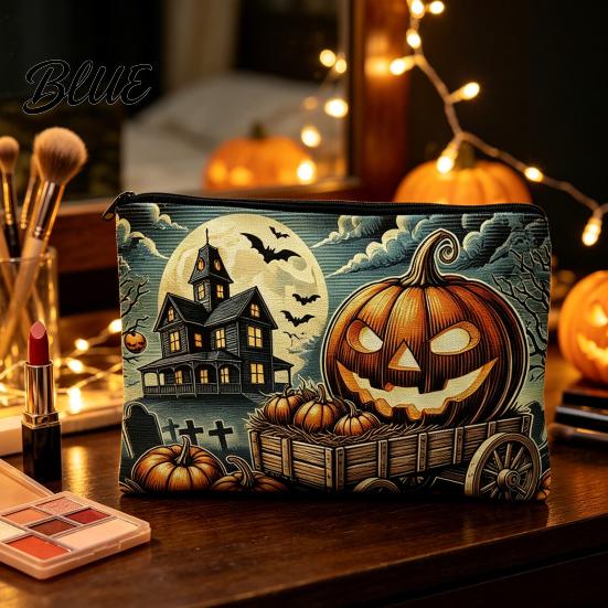 Halloween Storage Bag Bag Large Capacity Cosmetic with Pumpkin Secure Zipper Castle Skull Print Smooth Thickened Canvas Toiletry Black Pouch
