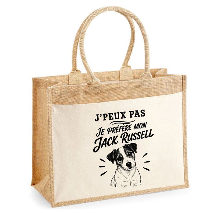 Sac cabas jute - PLANETEE - Collection « J'peux pas minimaliste » - Illustration Jack Russell - Toile jute & coton - 21 L