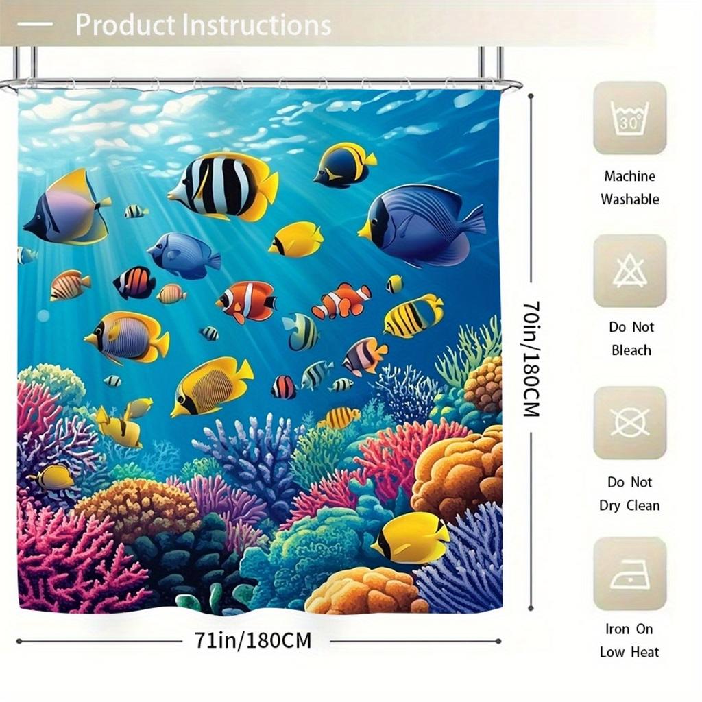 4Pcs Underwater World Shower Curtain Set with Non-Slip Bath Mat, Toilet Lid Cover, Contour Rug & 12 Hooks, Bathroom Decor