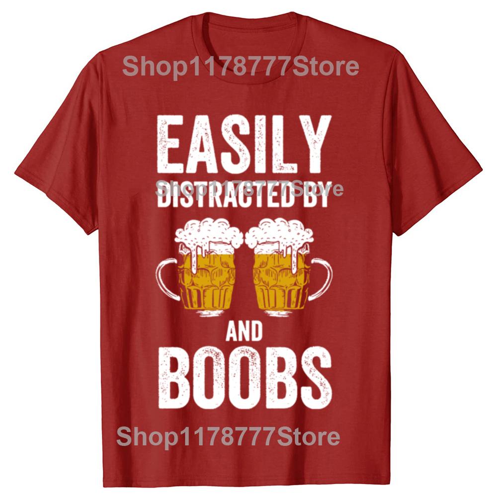 Easily Distracted By Beer and Boobs Funny Mens Humor Beer Lover Drinking T Shirt Adult Joke Short Sleeve Streetwear Tshirt S