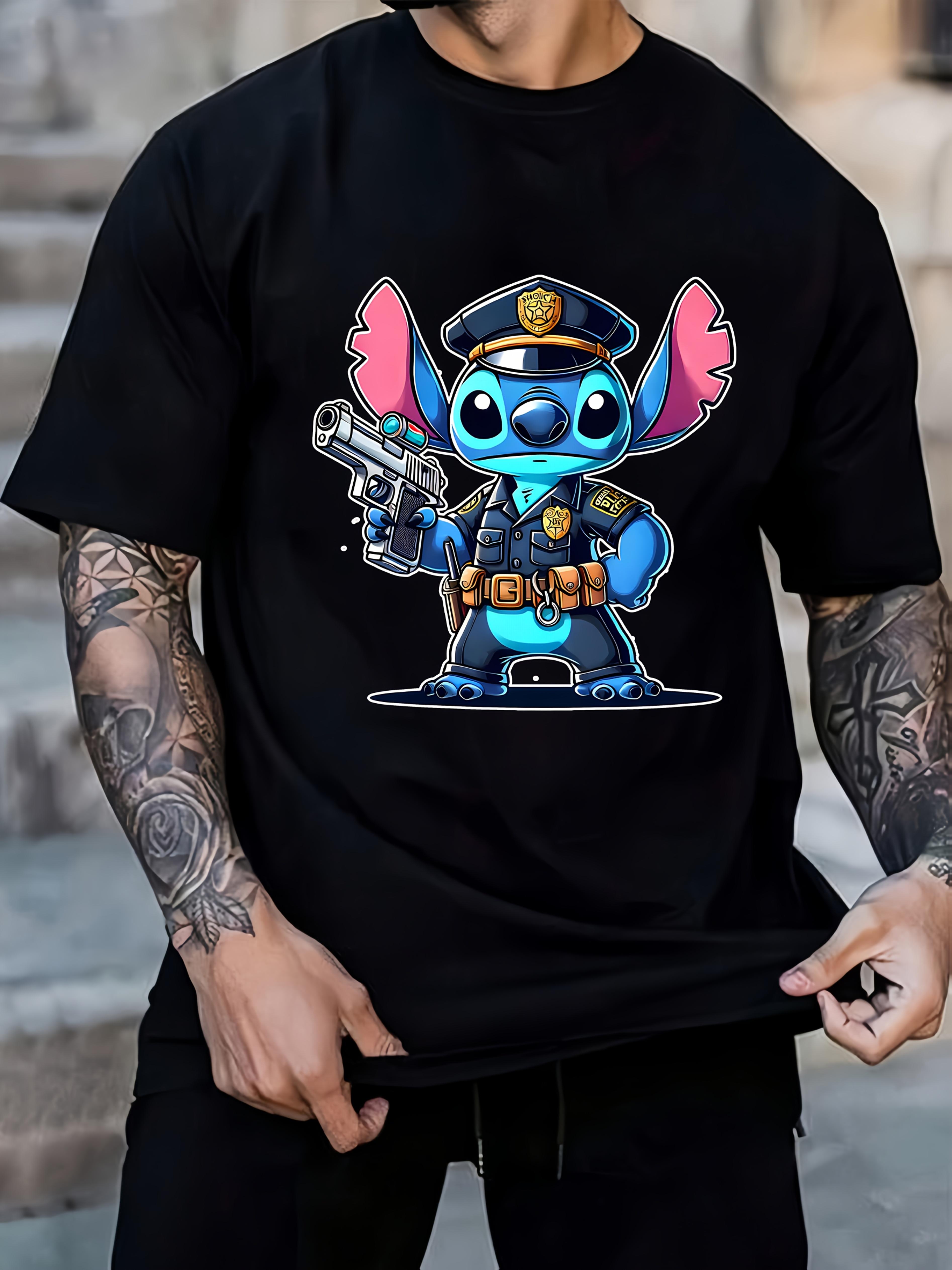Disney Stitch Series Graphic T-shirt - Police Badge & Gun Design L