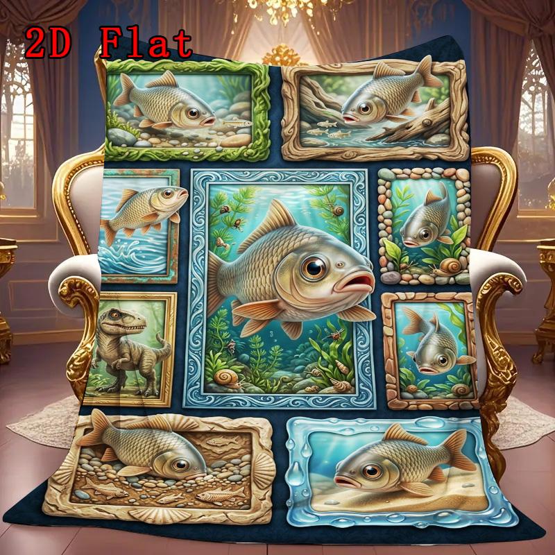 Fish Fantasies 2D Flat Pattern Flannel Blanket, High quality All Seasons, Home Decor, Warmth and Comfort, Perfect for Christmas Gifts.