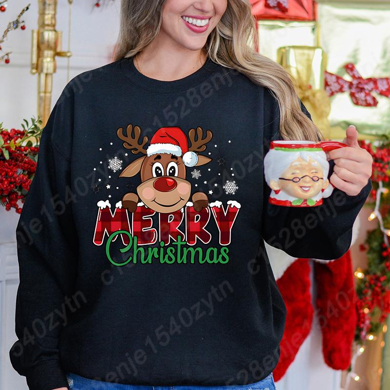 Women's Festive Christmas Reindeer & Plaid Graphic Sweatshirt, Casual Loose Fit, Long Sleeve, Crew Neck Sweatshirts for Winter