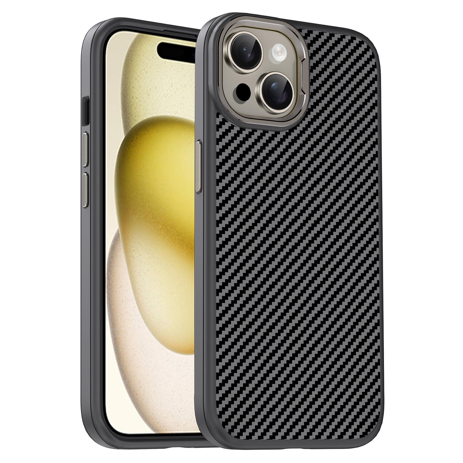 

IPAKY For iPhone 15 Plus TPU Case Carbon Fiber Texture Phone Cover Metal Lens Frame Grey