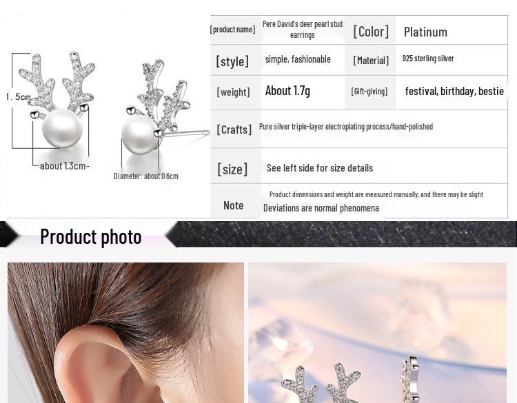 S925 Silber Elchgeweih Perlen Ohrstecker für Frauen - Minimalistischer Koreanischer Stil Weihnachtsschmuck