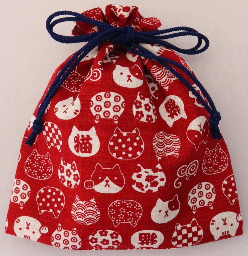 Kyosuke Drawstring Small Item Cat Japanese Made in x cm Pouch, Case, Design, Pattern, Cotton, Japan, Nyankomon, Red/Burgundy, 22.5 22.5