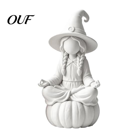 Unfinished Craft Ornaments 3D Printed Meditating Witch Figurine on Pumpkin Base, Minimalist Small Desktop Figurines Halloween Autumn Statue,