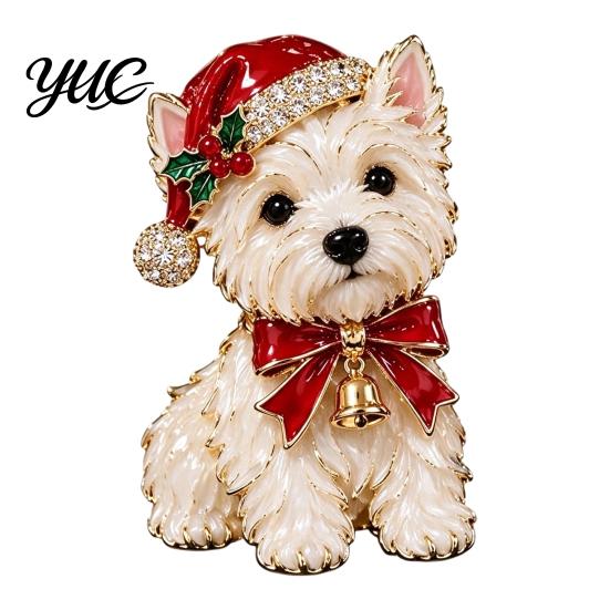 Holiday Party Accessory 1/2Pcs Christmas Yorkshire Terrier Dog Brooch, Santa Hat Puppy Lapel Pin with Rhinestones Rhinestones, Animal Badge for Coats