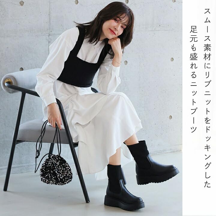 Vivian Women's Knit Boots, Platform Short, V6360AW, Beige, Size L (24.0-24.5)