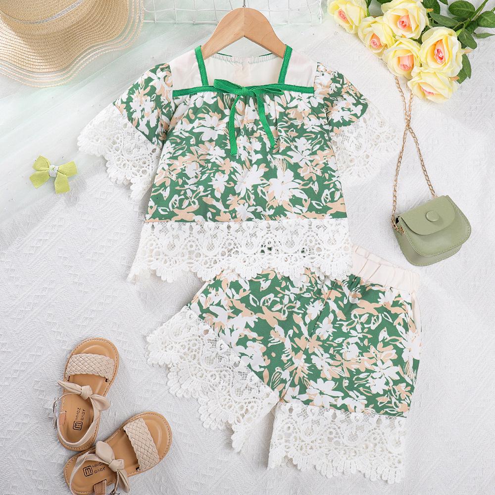Girls Summer Sweet Floral Lace Square Neck Top With Ruffle Shorts Two Piece Set Fresh Casual Outfit 110cm зелёный