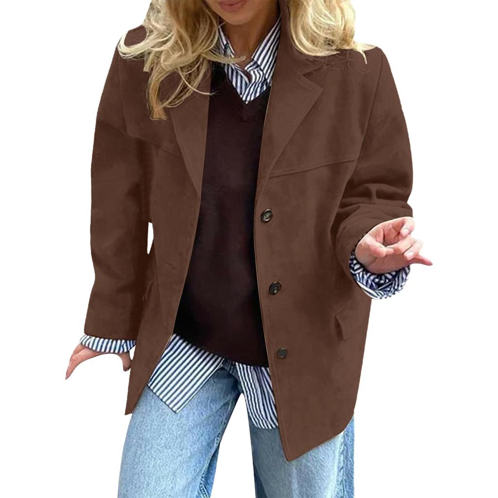New Autumn European and American Style Vintage Brown Loose Pocket Long Sleeve Blazer for Women