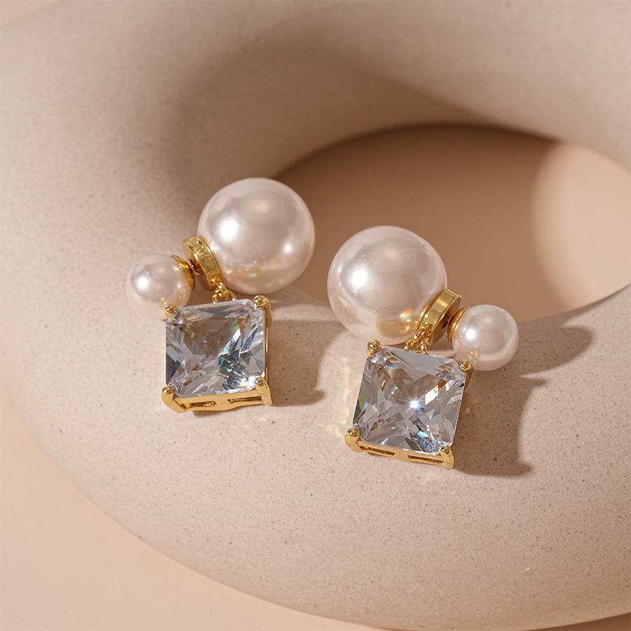 Sweet one, two wearing zircon pearl square silver needle real gold electroplating simple high-end earrings for