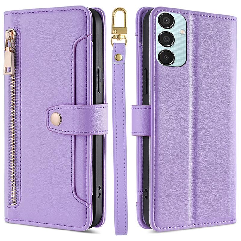 For Samsung Galaxy M15 5G Leather Case Wallet Zipper Phone Cover with 2 Straps