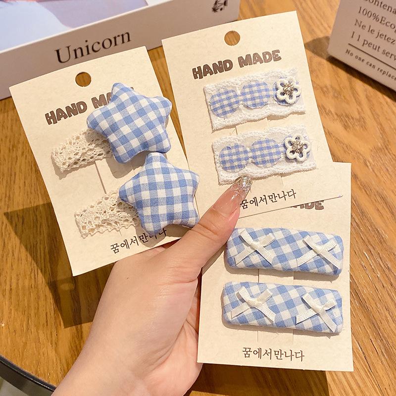 Korean Style Blue Lace Plaid Hair Clip: Fresh, Sweet, and Versatile BB Clip for Children's Bangs.