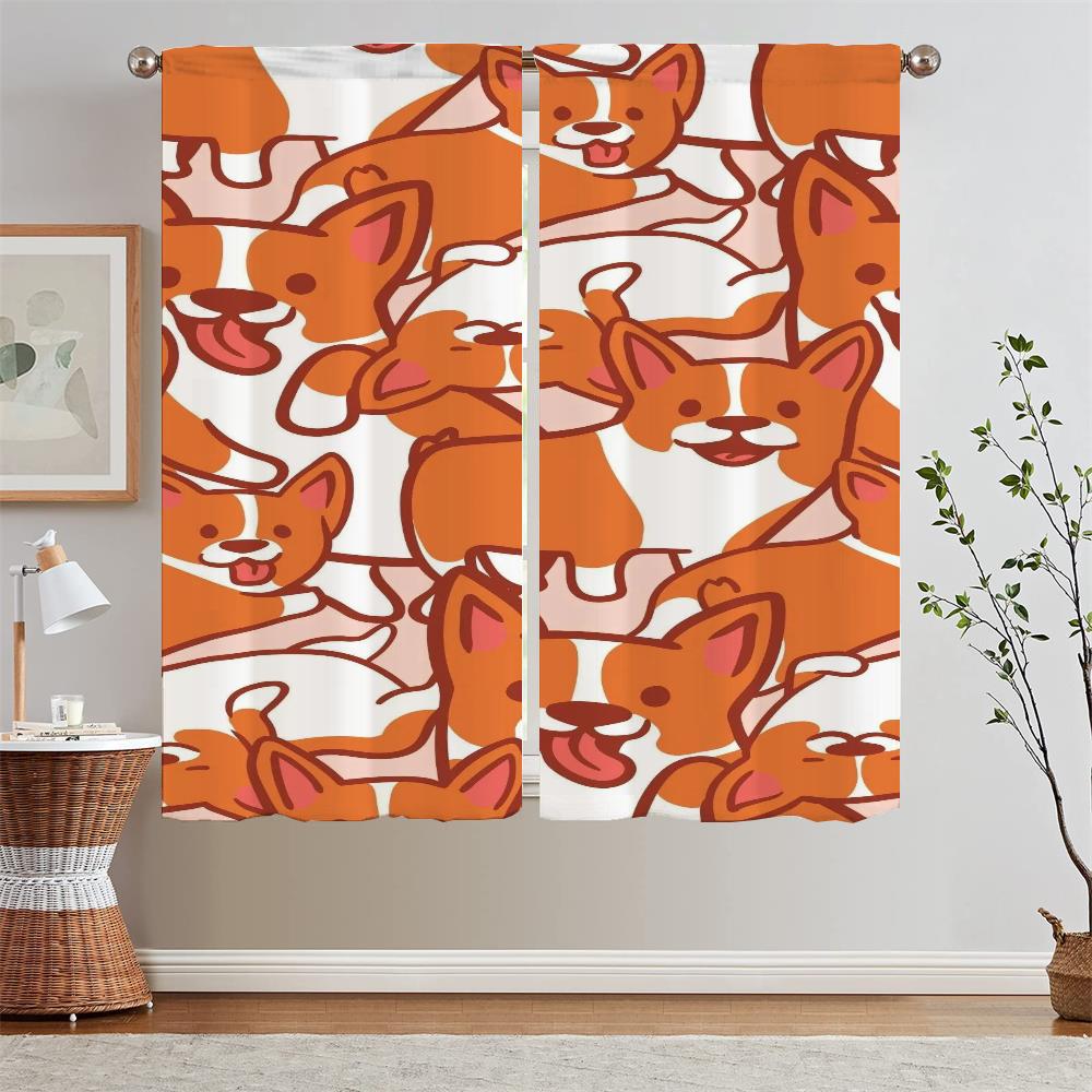 Corgi Bedroom Curtains 2 Pieces Luxury Living Room Curtains for Doors Blinds Window Curtain Tiebacks Curls Tulle In Kitchen the