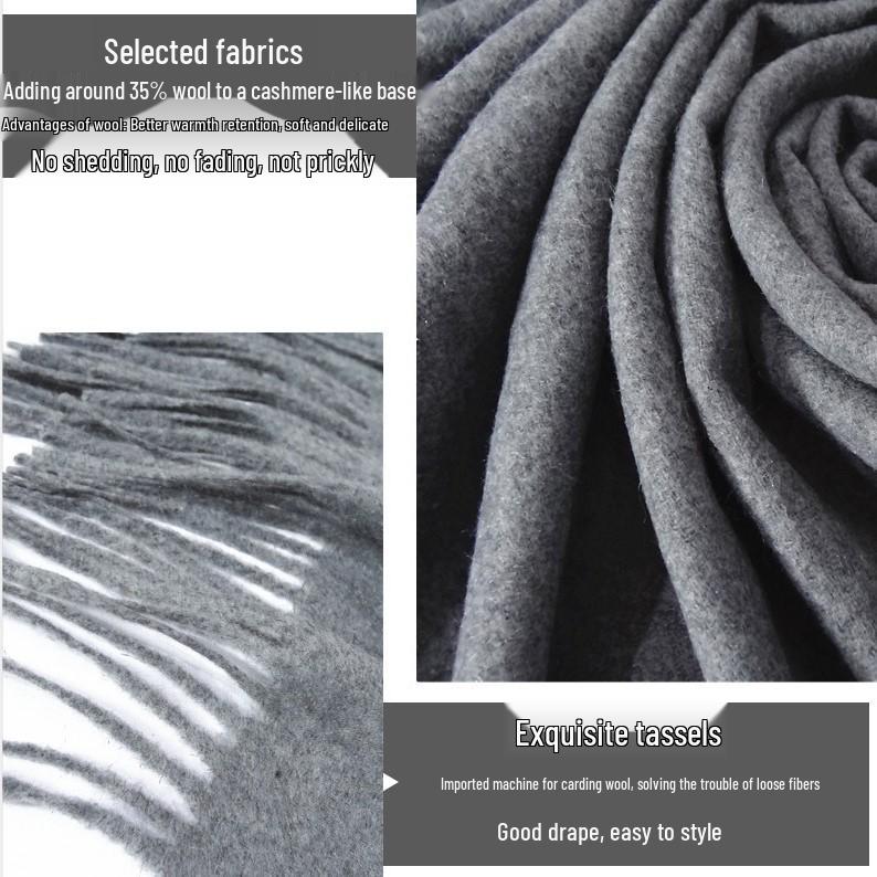 Unisex Thickened Warm Scarf - Solid Light Gray & Hemp Gray Cashmere Blend for Autumn/Winter