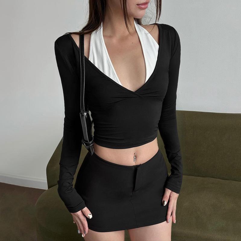 Spring Women s Slimming Sleeveless Halter Top - Color Block Patchwork Design Medium