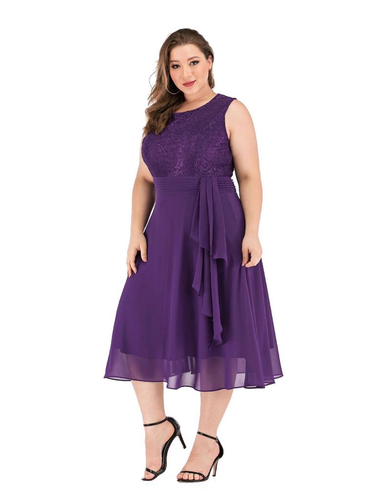 Lace Patchwork Chiffon Slimming Plus Size Little Black Dress for Mature Women