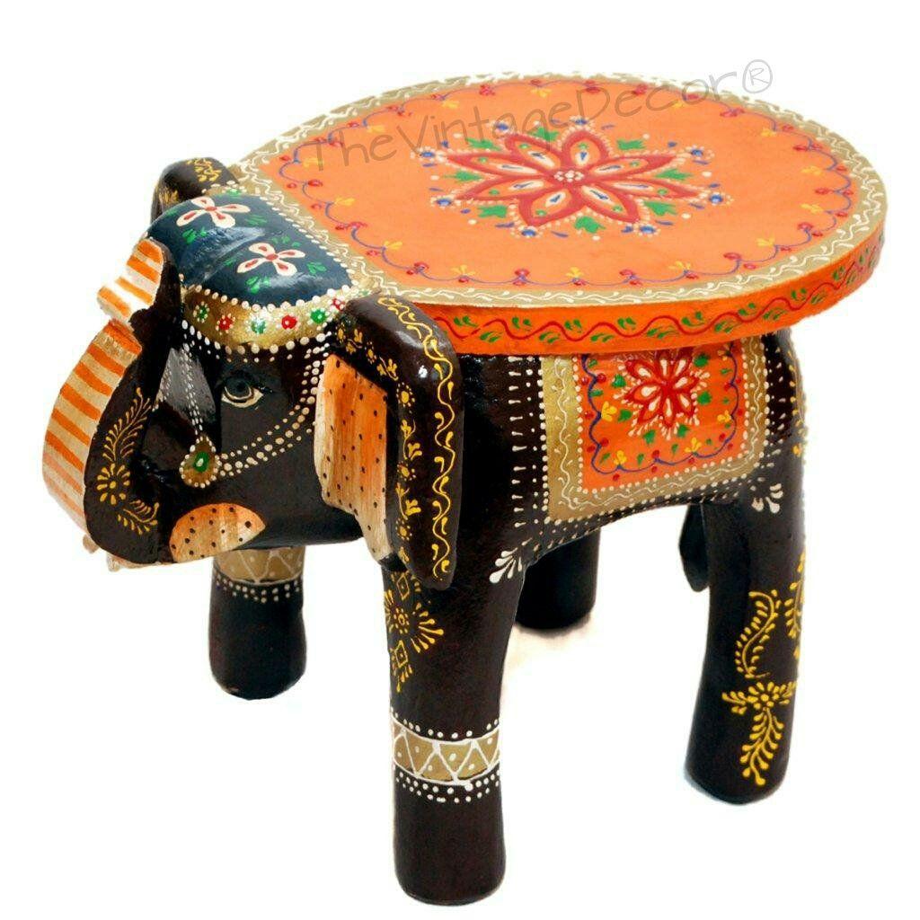 Wooden Handcrafted Elephant Table with Artistic Painting, (23x18x20cm, Multicolour)
