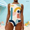 Women Plus Size High Round Neck Sleeveless One Piece Geometric Printed Swimsuit