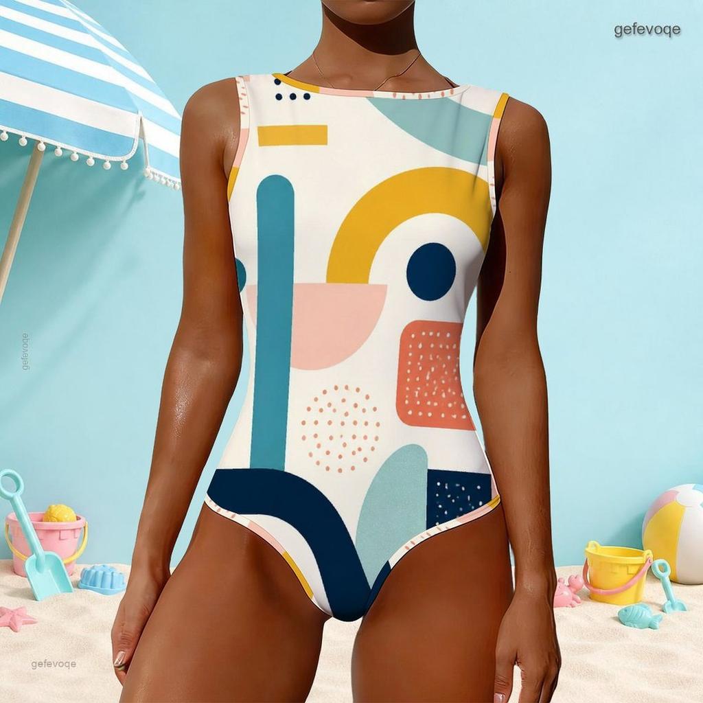 Women Plus Size High Round Neck Sleeveless One Piece Geometric Printed Swimsuit