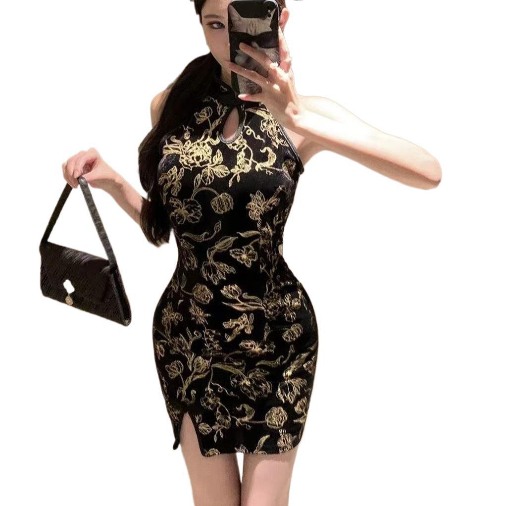 New Chinese Off-the-shoulder Cheongsam Neck Buckle Dress High-end Women's Summer Print Short Skirt Waist Split Hip Skirt