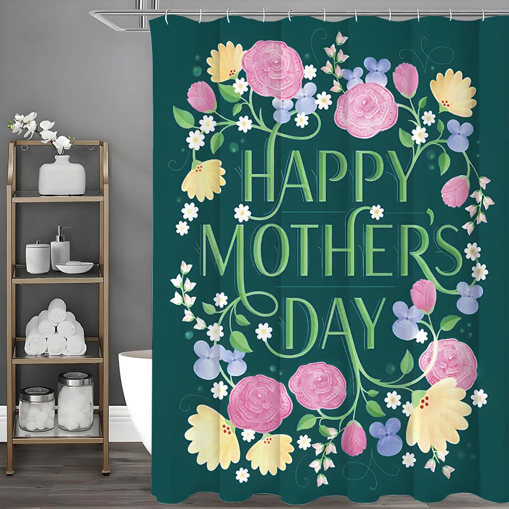Happy Mother's Day Green Floral Shower Curtain, Bathroom Decorative Shower Curtain, Waterproof Shower Curtain with Hooks