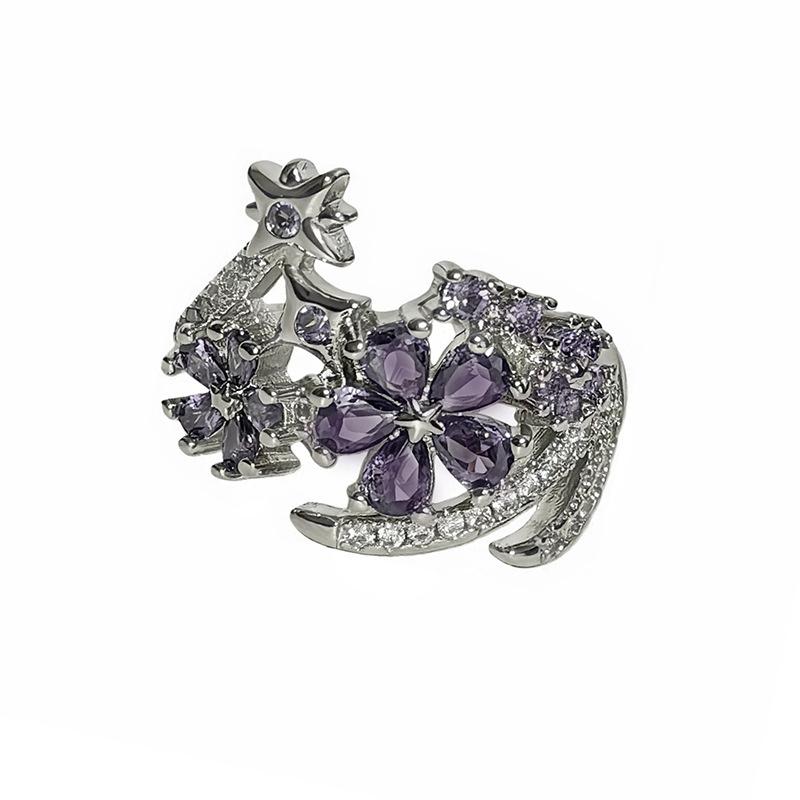 Pink Diamond Zircon Purple Flower Star Opening Ring, Diamond-Set Light Luxury Niche Design, High-End Sense Stacking, Wearing Personalized Rings, Women