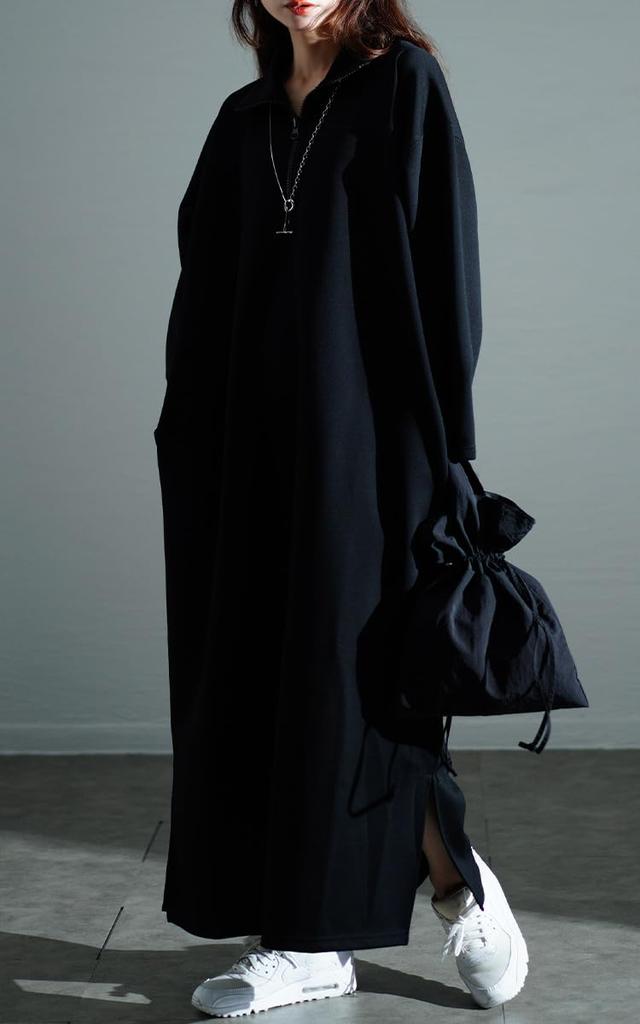 Gold Japan Plus Size Long Sizes Black Women's Dress, Sleeve, Half-Zip Jersey, Pockets, Stretch, Fall/Winter Style, Nw-24027, 4L-5L,