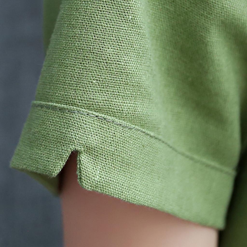 Women Cotton Linen Thin Short-sleeved Loose Waist Plus Size Dress