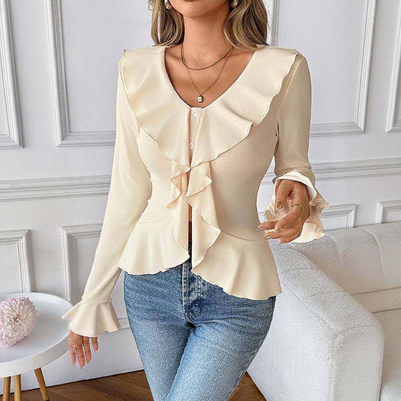 Women's Ruffles Long Sleeve Blouse Dressy V Neck Button Down Tunic Top Trendy Office Work Shirts Tops