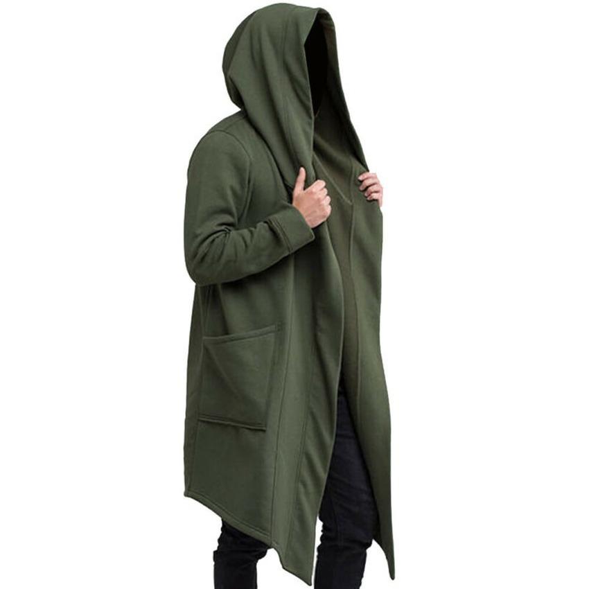 Mens Solid Color Long Sleeve Hooded Coat Big Pocket Winter Casual Gothic Long Jacket