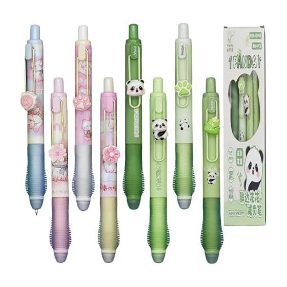 8 Pack Cute Panda Erasable Gel Pens, 0.5mm Black Ink, Knock Type, Smooth Writing, Quick-Drying, Smudge-Proof, Ideal for Students, Office, School