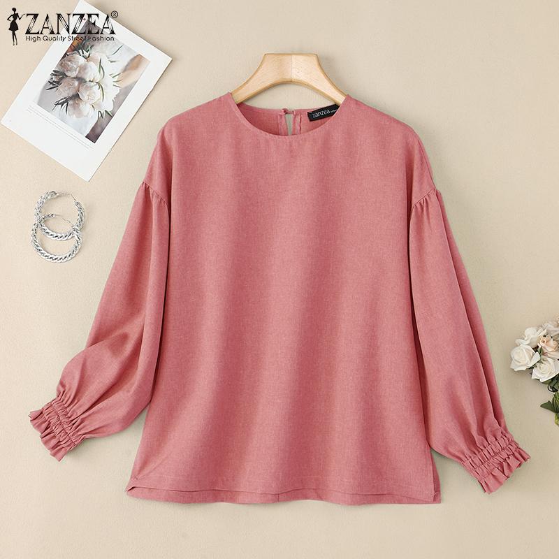 ZANZEA Women Casual Round Neck Solid Color 3/4 Sleeve Loose Blouse