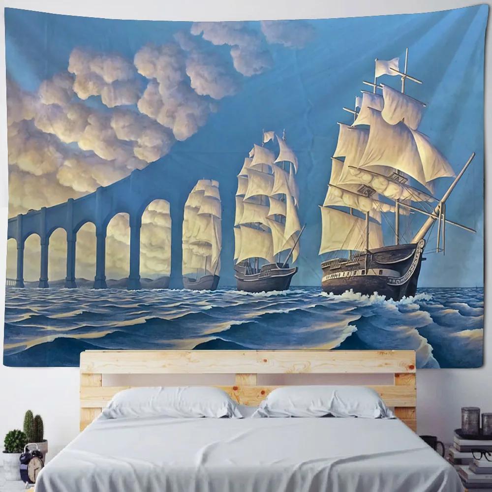 HD-Dreamy Sea & Pirate Ship Wallpaper - Oil Painting Style Wall Art for Bohemian Home Decor, Ocean Themed Room or Bed Cover