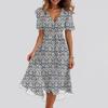 Women's Fashion Casual V Neck Short Sleeve Ruffled Vintage Printed Dresses