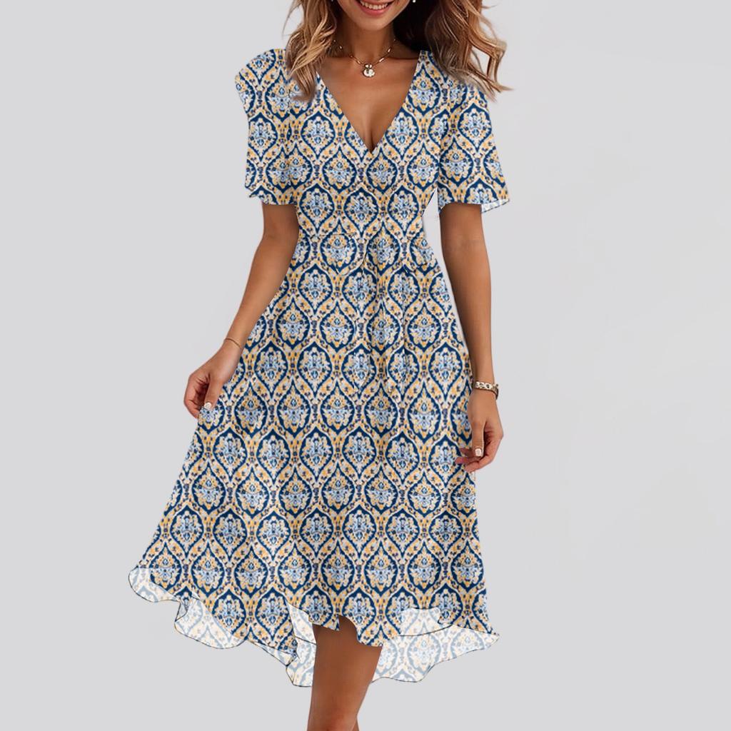 Women's Fashion Casual V Neck Short Sleeve Ruffled Vintage Printed Dresses