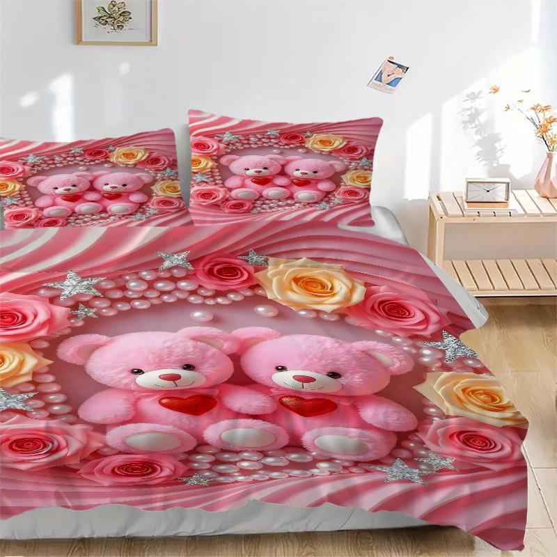 3pcs Pink Teddy Bear Bedding Set - Includes One Quilt Cover and Two Pillowcases (No Core), Festival Gift, Polyester Fabric, Anime Cartoon De