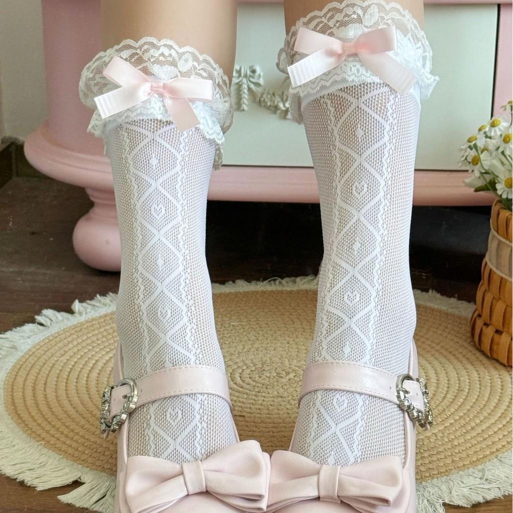 Lolita Lace Trim Mid Calf Socks With Bow For Girls Summer Fashion