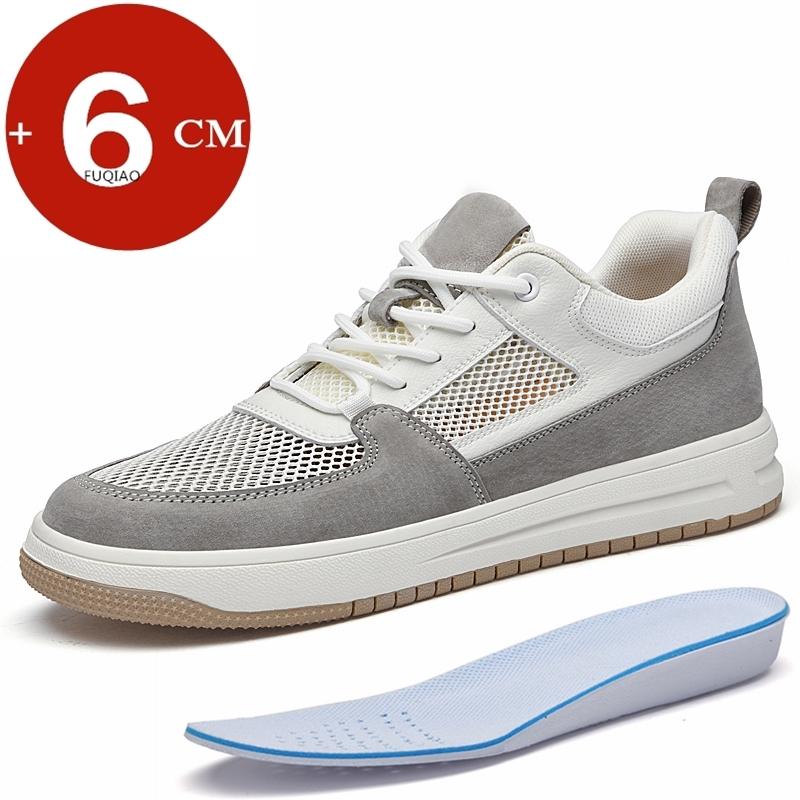 Men Summer Casual Elevator Shoes 6cm Hidden Height Increaser Hollow Out Breathable Mesh Pigskin All-Match Daily Lift Sneakers