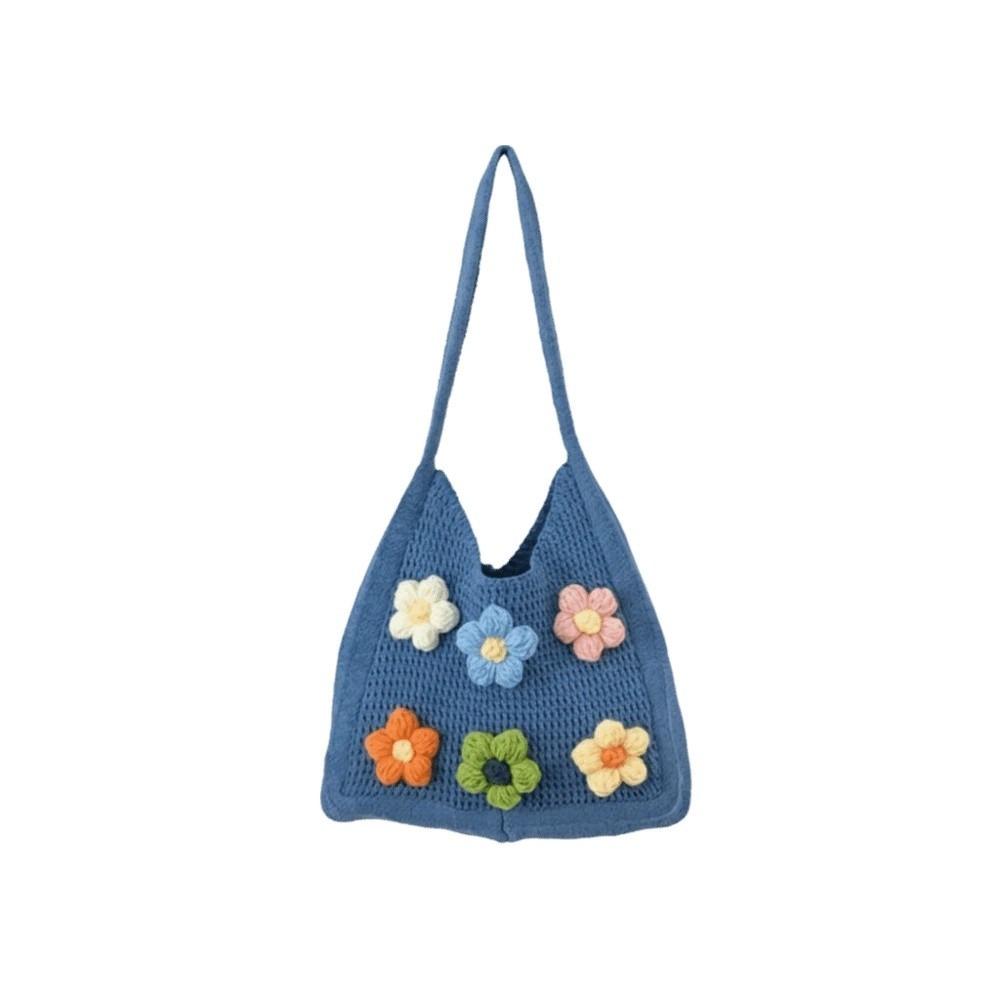 Sweet Knitted Tote Bag Breathable Seaside Vacation Handbag Storage Bag Crochet Shoulder Bag School