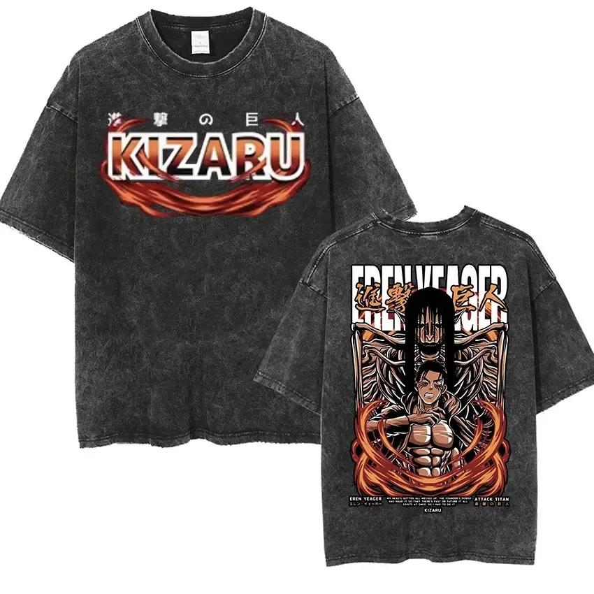 Attack on Titan Retro Gewassen Oversized Y2k T-shirt Dames Heren Mikasa Ackerman Eren Jaeger Wings of Freedom Katoenen Kleding