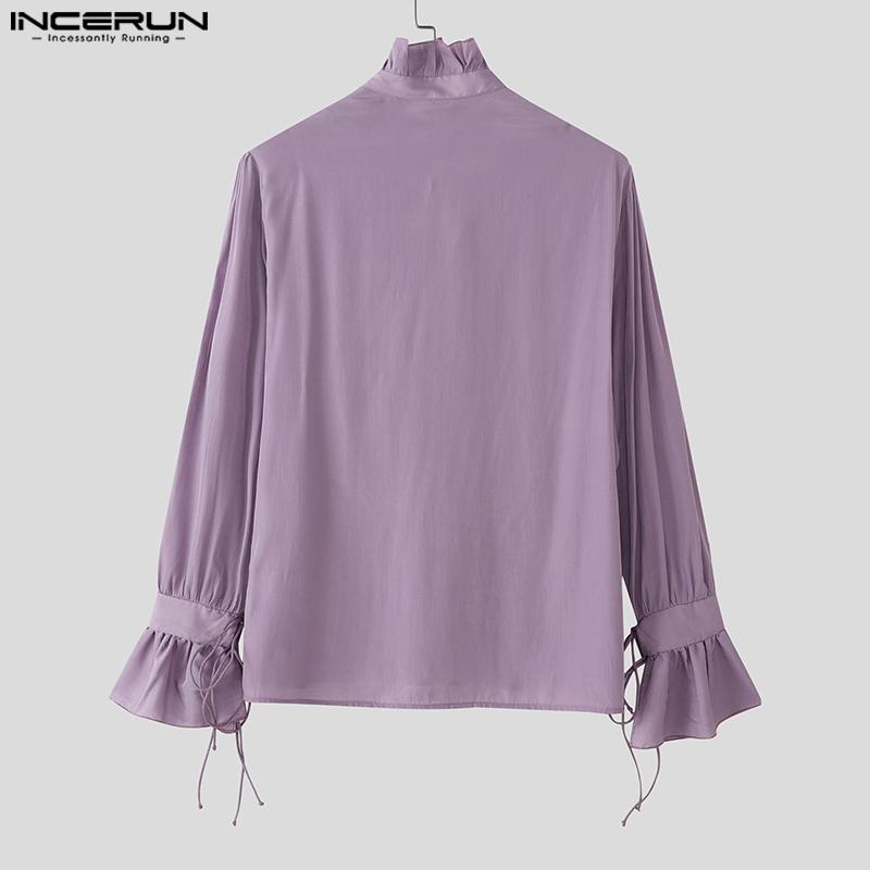 INCERUN Men Stand Neck Lace-up Long Sleeve Casual Oversized Elegant Shirts