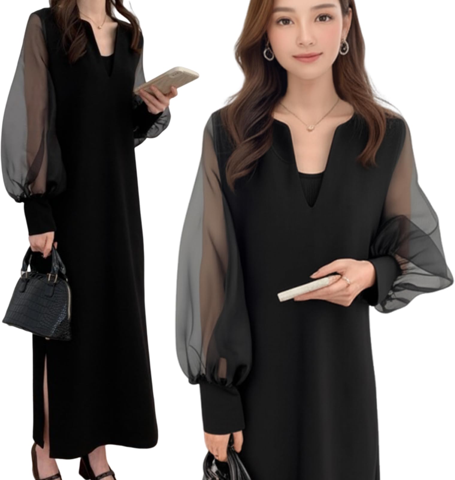 

Maria Marfa Skipper Neck Dress with Sheer Chiffon Long Maxi Maternity Long Plus Long Solid Midi Chiffon Size Mixed-Material Sleeves, Dress, Spring, чёрный